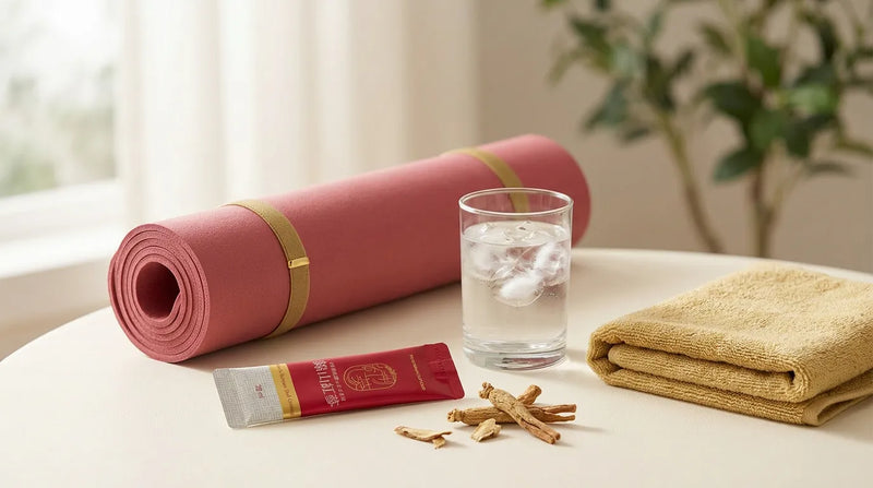 A red ginseng stick with a yoga mat and water
