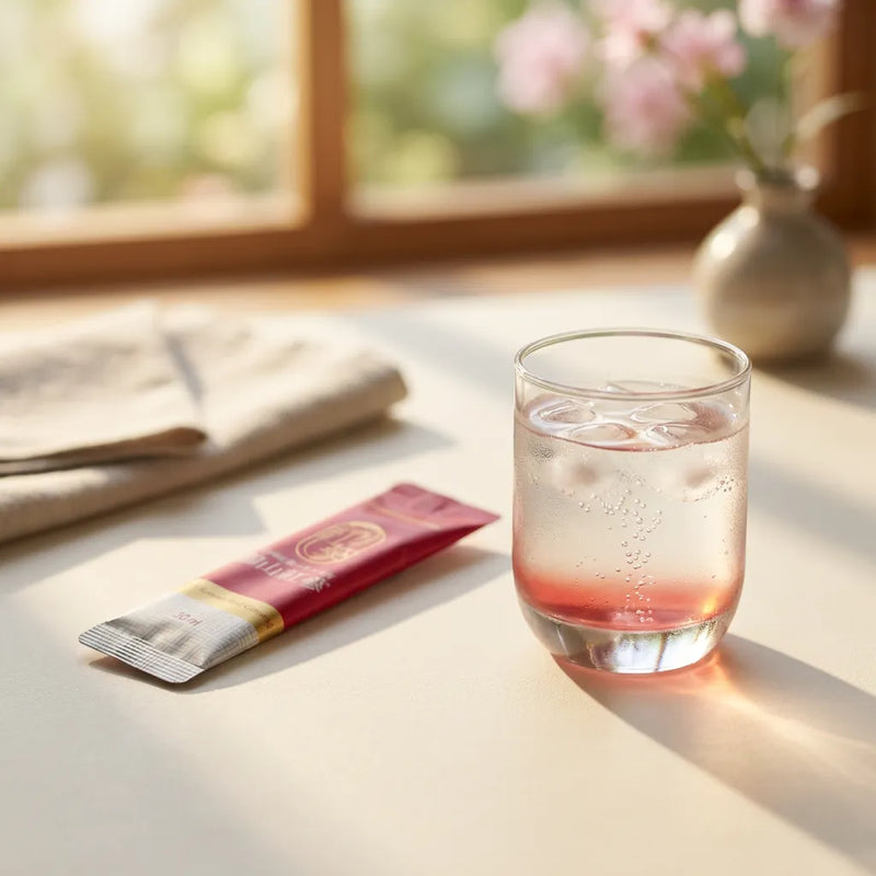 A red ginseng stick beside a glass on a bright table